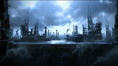 Blue smoke buildings science fiction futuristic