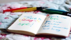 Blue text pink Green paper pens cyan