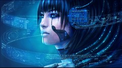 Blue text woman Technology wires cyberpunk blue eyes science 