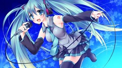 Blue tie microphones skirts long hair hatsune miku vocaloid 