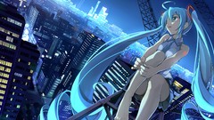 Blue tie skirts long hair hatsune miku vocaloid cityscapes 