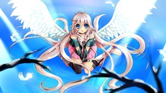 Blue wings feathers white hair skirts long hair boots blue eyes 