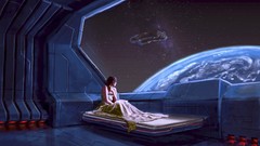 Blue woman beds planets outer space artwork futuristic