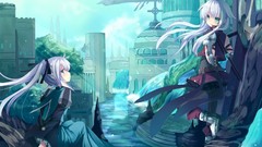 Blue woman dress Swords anime girls cityscapes fantasy art