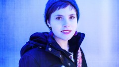 Blue woman earrings brunettes short hair open mouth red 