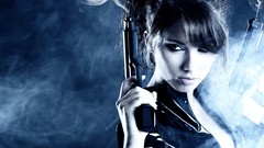 Blue woman faces monochrome girls with guns handguns