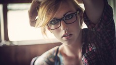 Blue woman glasses blondes tattoos