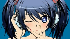 Blue woman headphones blush anime girls wink twintails