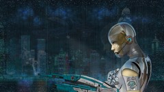 Blue woman lights weapons Guns metal police Robots buildings 