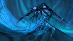 Blue woman masks brunettes digital art blue dress fantasy art