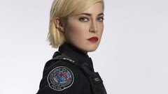 Blue woman police Actress blondes Simple Background Charlotte 