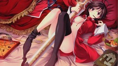 Blush anime girls brunettes short hair purple eyes cleavage 