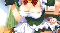 Blush anime girls green eyes waitress cleavage hentai thigh 