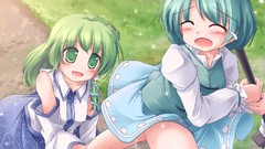 Blush blue hair long hair anime girls green eyes short hair 