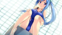 Blush blue hair long hair barefoot game cg purple eyes