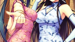 Blush blue hair smiling long hair anime girls green eyes 