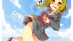 Blush goggles vocaloid yellow eyes green hair pocky Megpoid Gumi