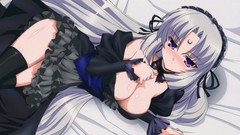 Blush long hair anime girls gray hair black dress purple eyes 