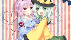 Blush pink hair long hair pink eyes anime girls green eyes 