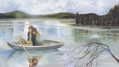 Boats Anime couple paintings lakes reflections