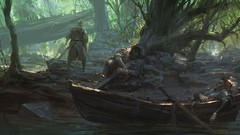Boats waiting Knights Swords forests artwork