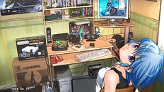 Books Anime Computers nintendo Messy keyboards blue hair anime 