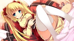 Books Anime dress Chibi sitting bows blondes pillows long hair 