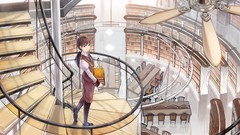 Books Anime Library stairs drawings anime girls bookcase scenic