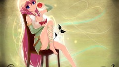 Books apple chairs pink hair long hair anime girls blue eyes