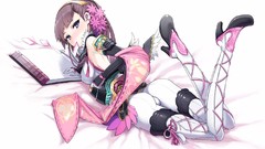 Books beds pillows brunettes purple eyes hair ornaments 