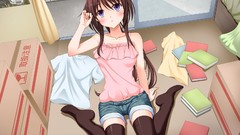 Books boxes beds Shorts sitting t-shirts blush long hair anime 