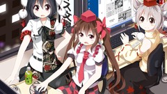 Books chairs Computers office tie hats white hair red eyes 