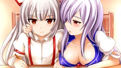 Books chairs Pencils dress Tables hats white hair red eyes bows 