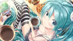 Books coffee faces skirts cups blush smiling long hair green 
