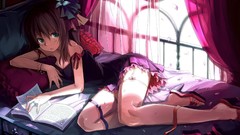 Books dress curtains stockings anime girls reading green eyes 
