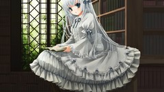 Books dress Library white hair Ribbons blush anime girls blue 