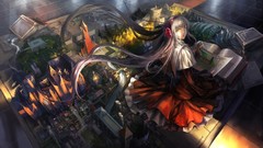 Books dress long hair yellow eyes gray hair flower in hair 