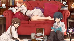 Books dress sitting Lamps pillows cups long hair anime girls 