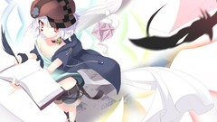 Books feathers hats Shorts white hair red eyes jackets smiling 