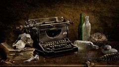 Books feathers vintage bottles skulls typewriters