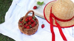 Books food strawberries baskets Straw Hat food art