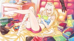 Books glasses beds red eyes bedroom blondes long hair anime 
