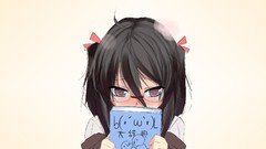 Books glasses blush anime girls brown eyes black hair meganekko 