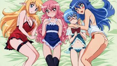 Books glasses dress red eyes blondes blue hair pink hair long 