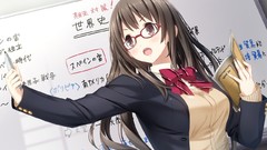 Books glasses tie pens school writing long hair anime girls 