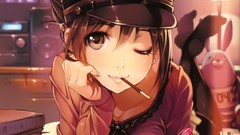 Books hats eating anime girls brown eyes brunettes wink lying 