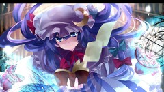 Books hats Ribbons long hair anime girls blue eyes touhou 