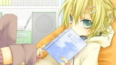 Books headphones blondes green eyes short hair vocaloid 