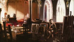 Books interior artist paintings sitting anime girls artwork 