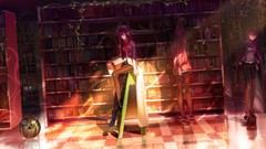 Books ladder headphones Anime Library anime girls tights makise 